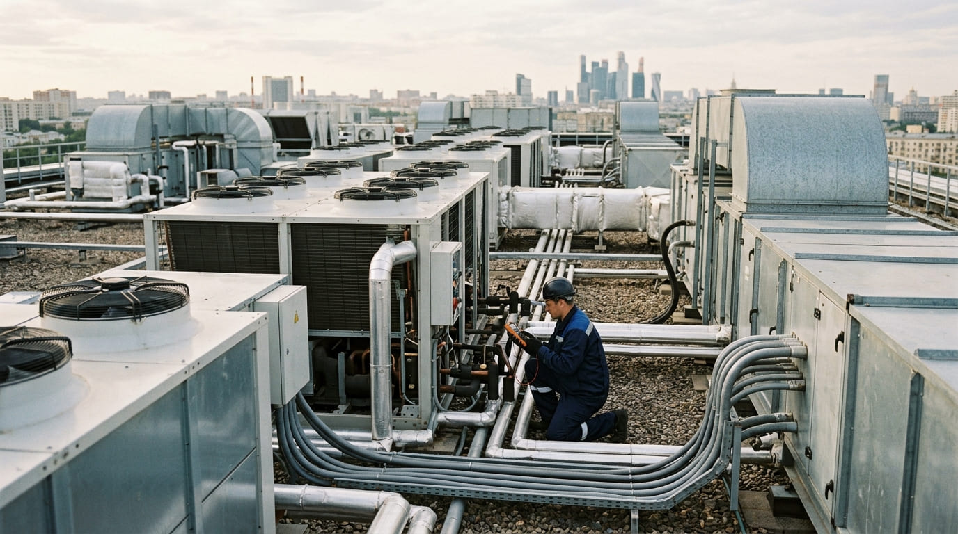 Специалист проверяет промышленную HVAC-систему
